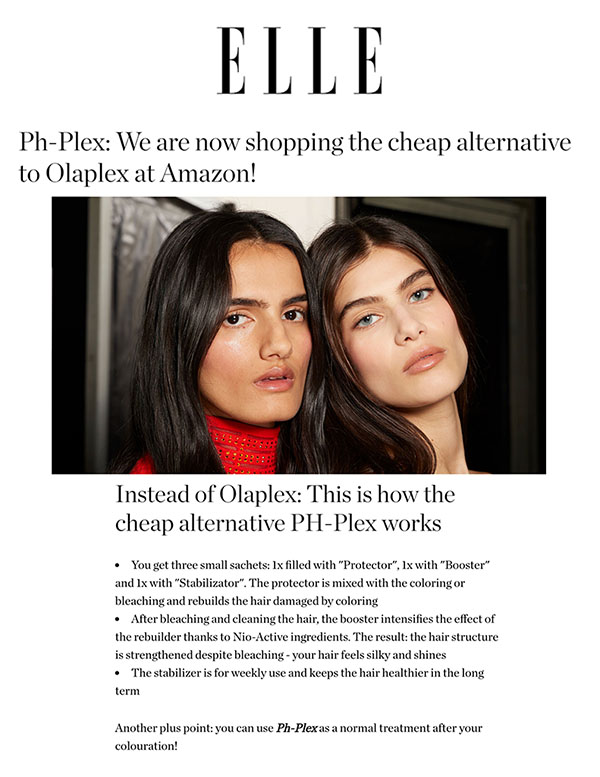Screenshot Elle mit Überschrift: Ph-Plex, We are now shopping the cheap alternative to Olaplex at Amazon!