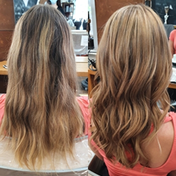 Before and After hair color. Back of woman's head with long brown blonde hair pH Plex styled